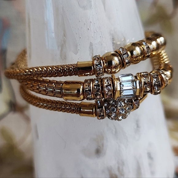 3 Gold Tone Metal Mesh Tube Clear  Rhinestone Bracelets New York & Company NWT - Picture 4 of 13